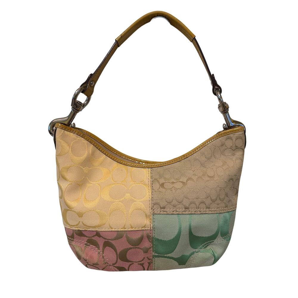 Coach Signature Patchwork Hobo Shoulder Bag Vintage Y2K Pink Green Yellow Chic